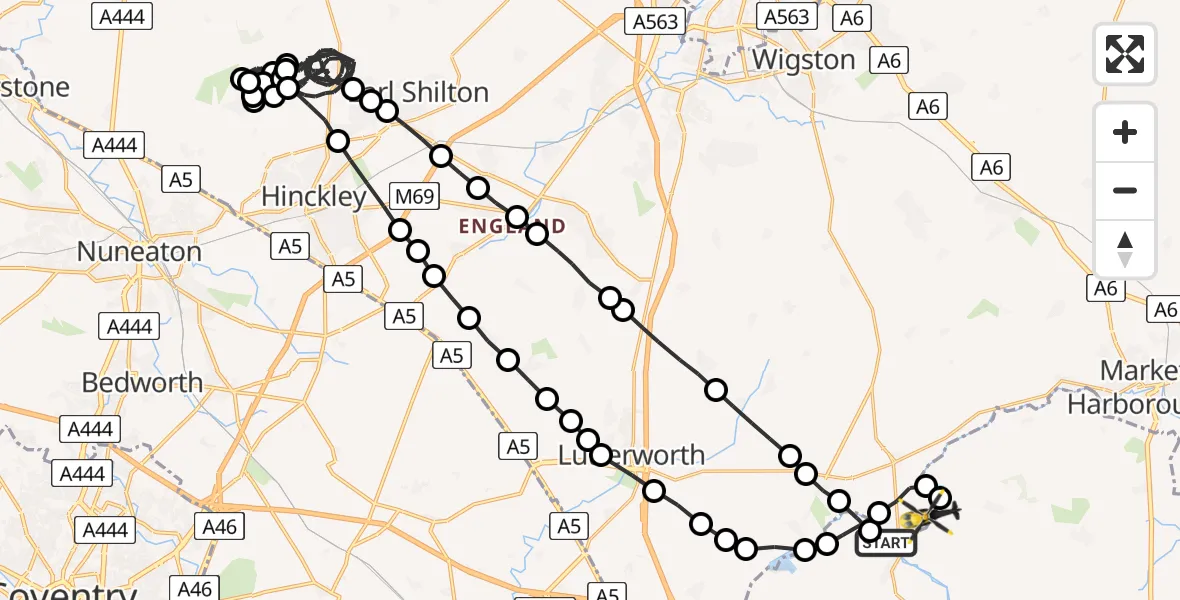 Flight route Police Helicopter Husbands Bosworth - Harborough, 06 August 2026, 20:52