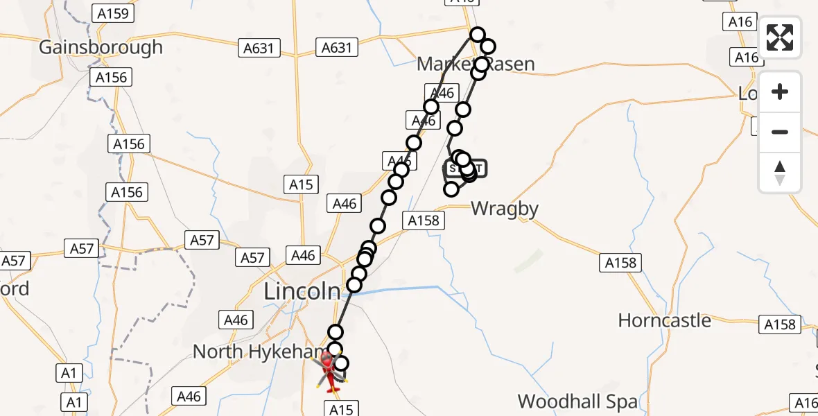 Flight route Air Ambulance Helicopter Wickenby Aerodrome - North Kesteven, 06 August 2026, 21:03