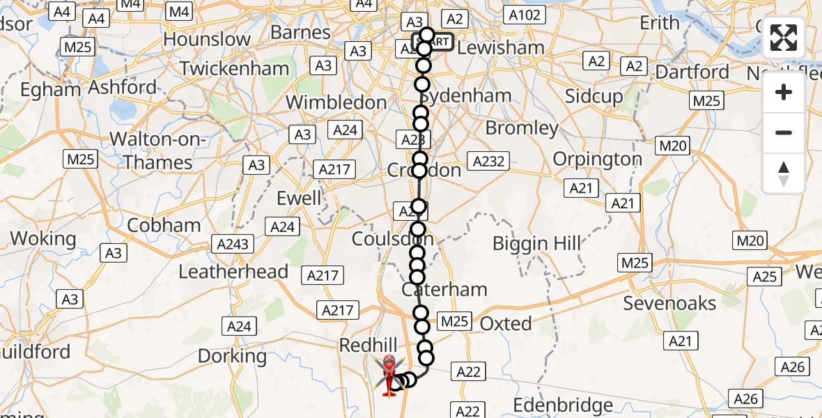 Flight route Air Ambulance Helicopter Kings College London Hospital - Redhill Aerodrome, 06 August 2026, 21:26