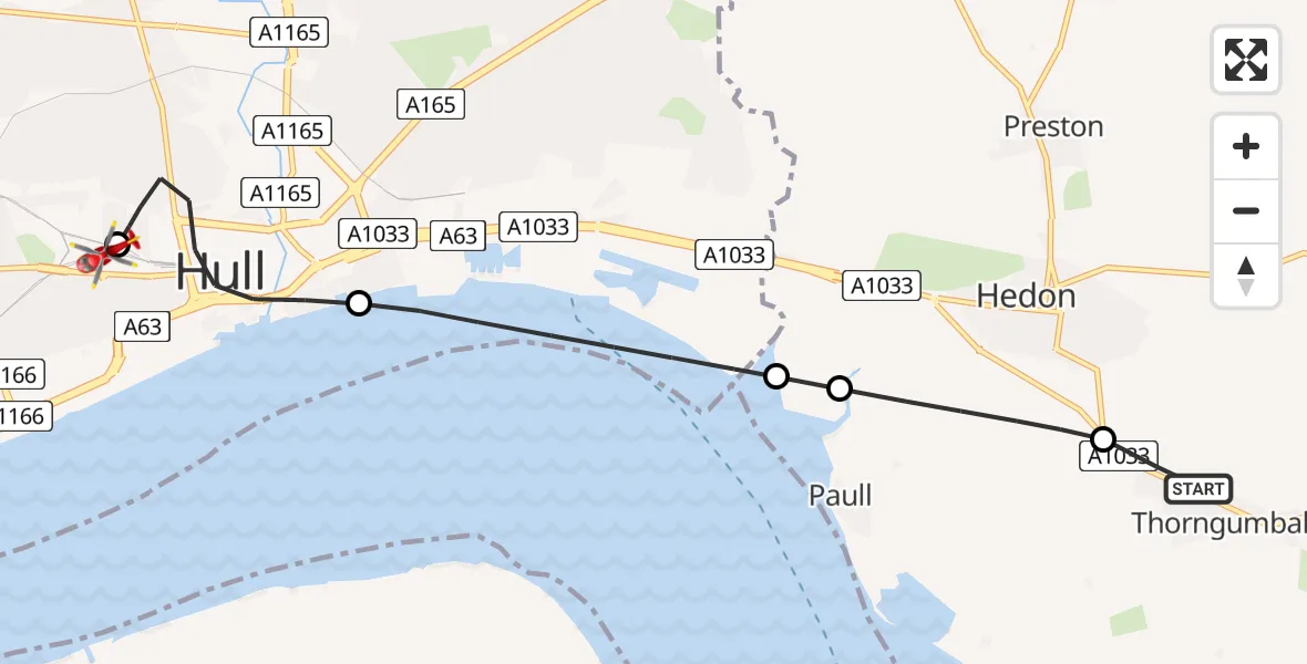 Flight route Air Ambulance Helicopter Thorngumbald - Hull Royal Infirmary, 06 August 2026, 21:37