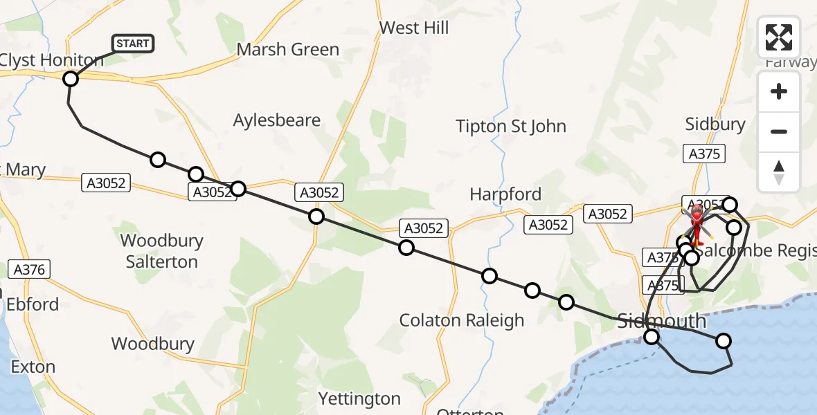 Flight route Air Ambulance Helicopter Exeter International Airport - Sidford, 06 August 2026, 21:43