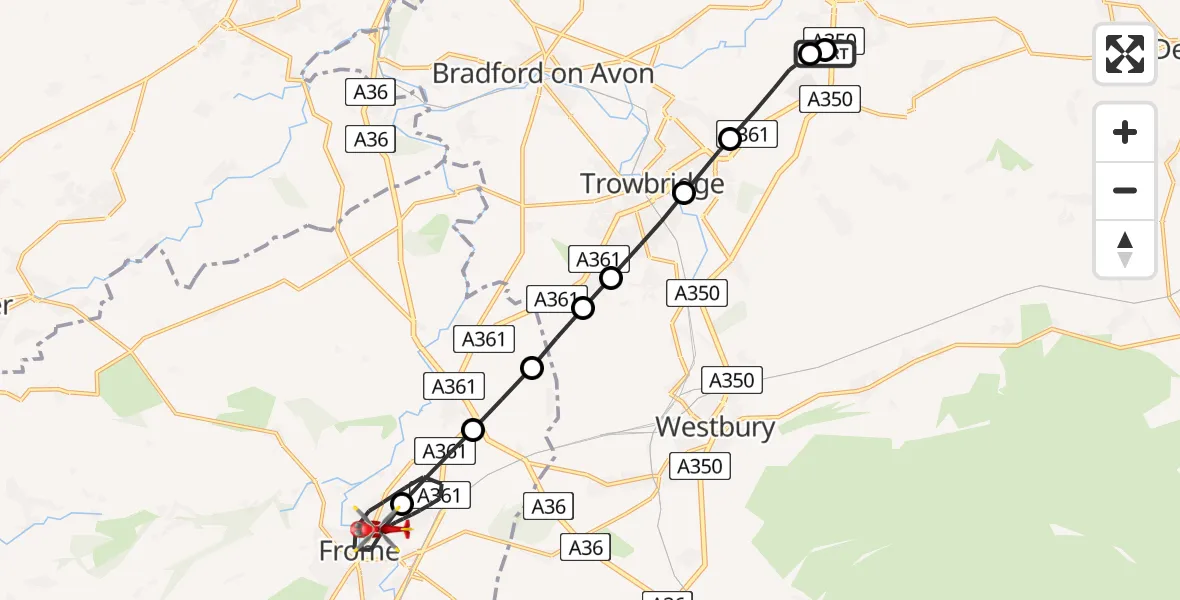 Flight route Air Ambulance Helicopter Wiltshire Air Ambulance - Frome, 06 August 2026, 21:45