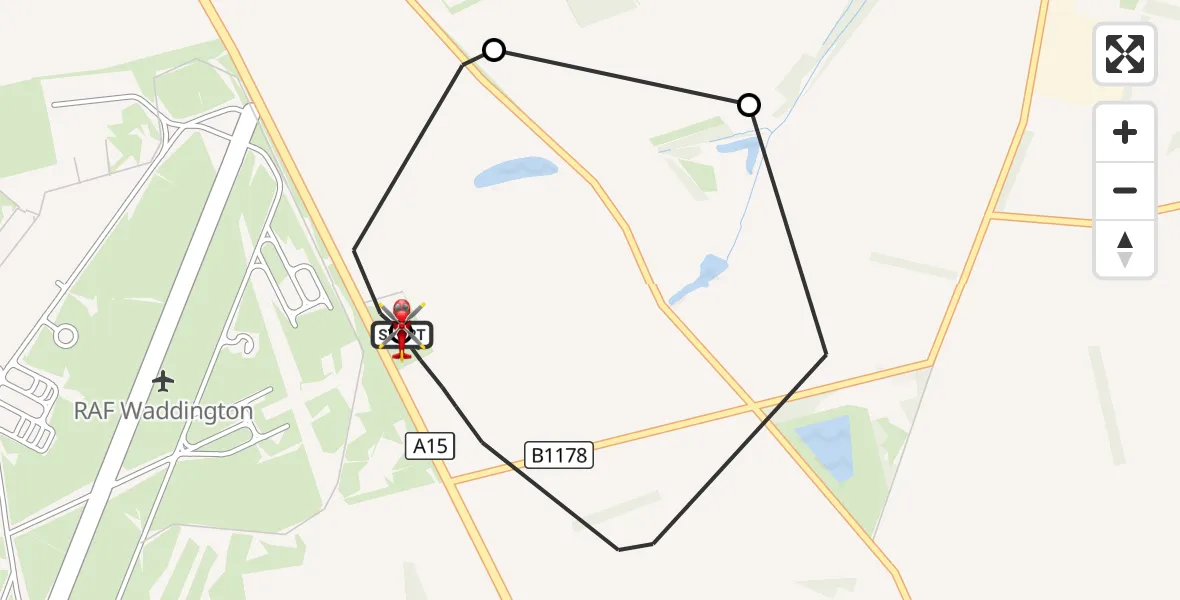 Flight route Air Ambulance Helicopter RAF Waddington - North Kesteven, 06 August 2026, 21:49