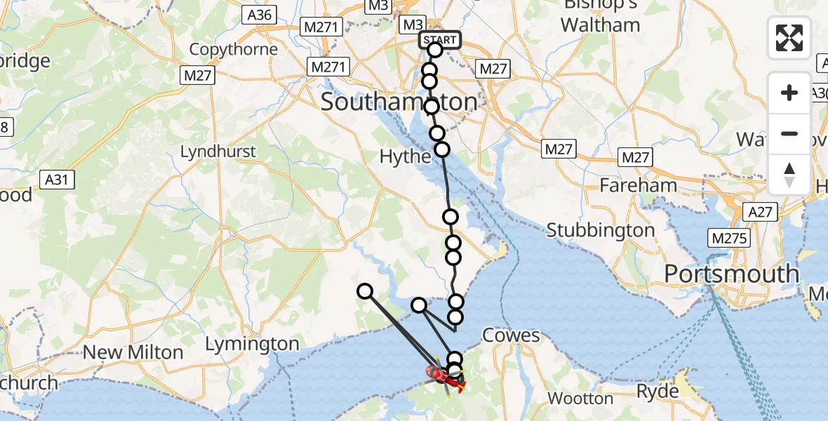 Flight route Air Ambulance Helicopter Mansbridge - Porchfield, 06 August 2026, 22:07