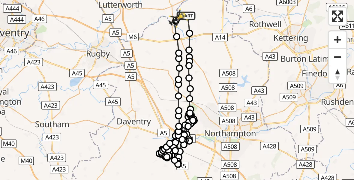 Flight route Police Helicopter Sibbertoft - Welford, 06 August 2026, 22:10