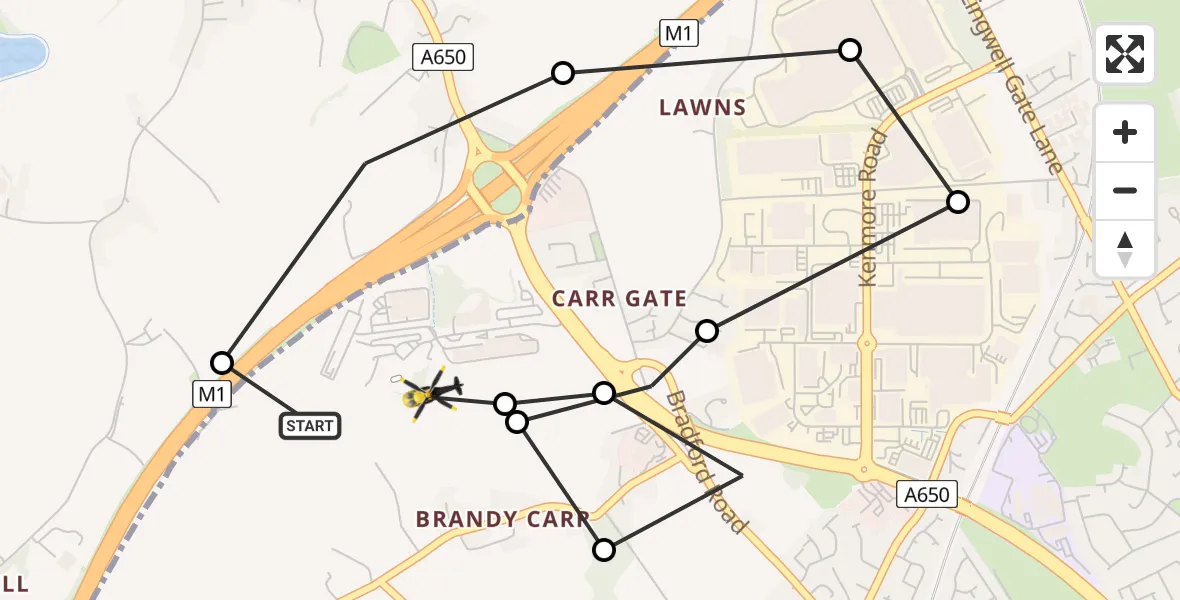 Flight route Police Helicopter East Ardsley - East Ardsley, 06 August 2026, 22:13