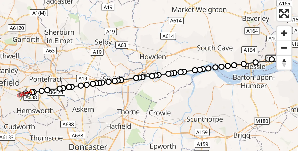 Flight route Air Ambulance Helicopter Hull Royal Infirmary - YAA Nostell Helicopter Port, 06 August 2026, 22:16