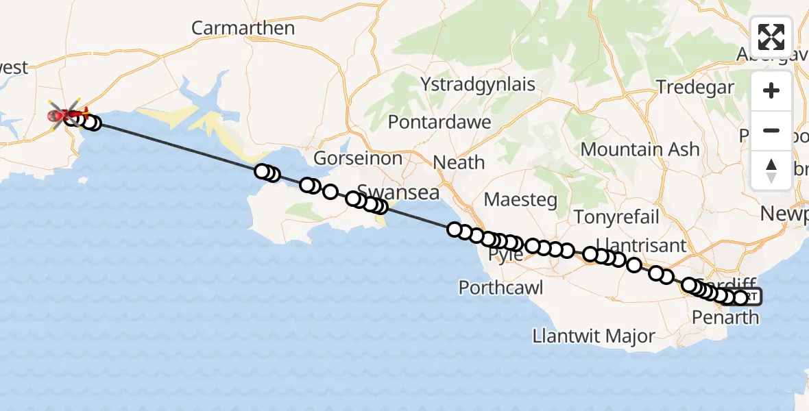 Flight route Air Ambulance Helicopter Cardiff Heliport - Kilgetty, 06 August 2026, 22:20