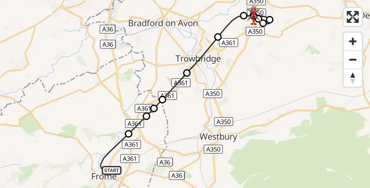 Flight route Air Ambulance Helicopter Frome - Wiltshire Air Ambulance, 06 August 2026, 22:22