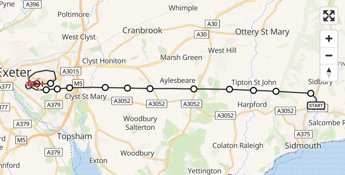 Flight route Air Ambulance Helicopter Sidford - Royal Devon & Exeter Hospital, 06 August 2026, 22:28