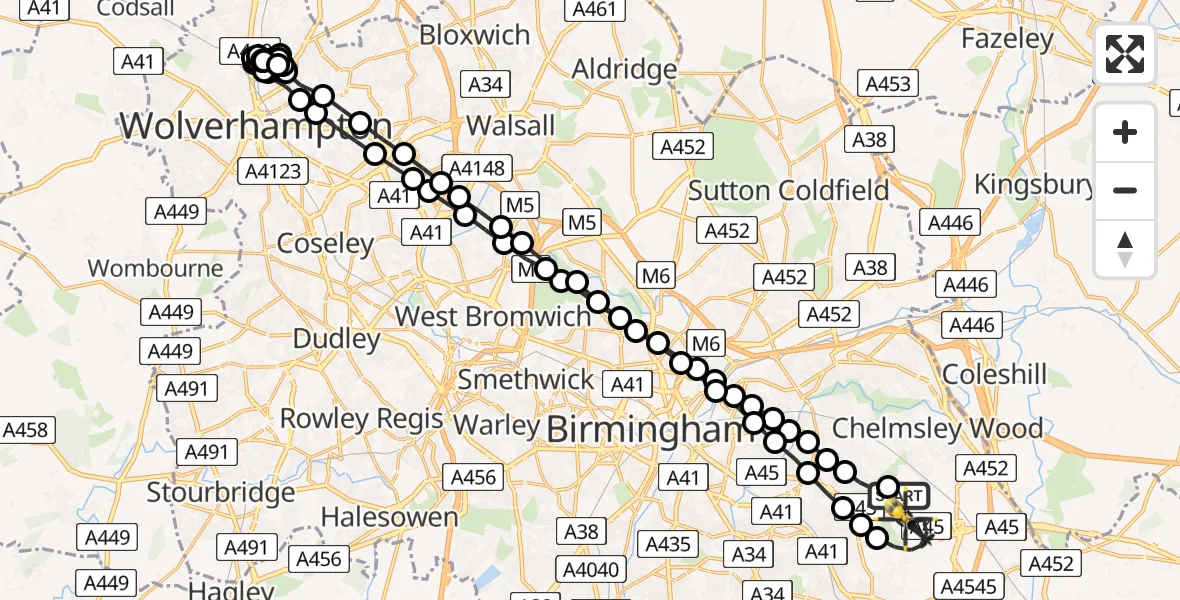 Flight route Police Helicopter Birmingham Airport - Solihull, 06 August 2026, 22:32