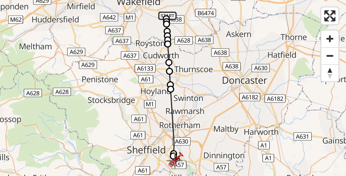Flight route Air Ambulance Helicopter YAA Nostell Helicopter Port - Woodhouse, 06 August 2026, 22:55