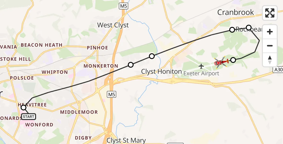 Flight route Air Ambulance Helicopter Royal Devon & Exeter Hospital - Exeter International Airport, 06 August 2026, 23:04