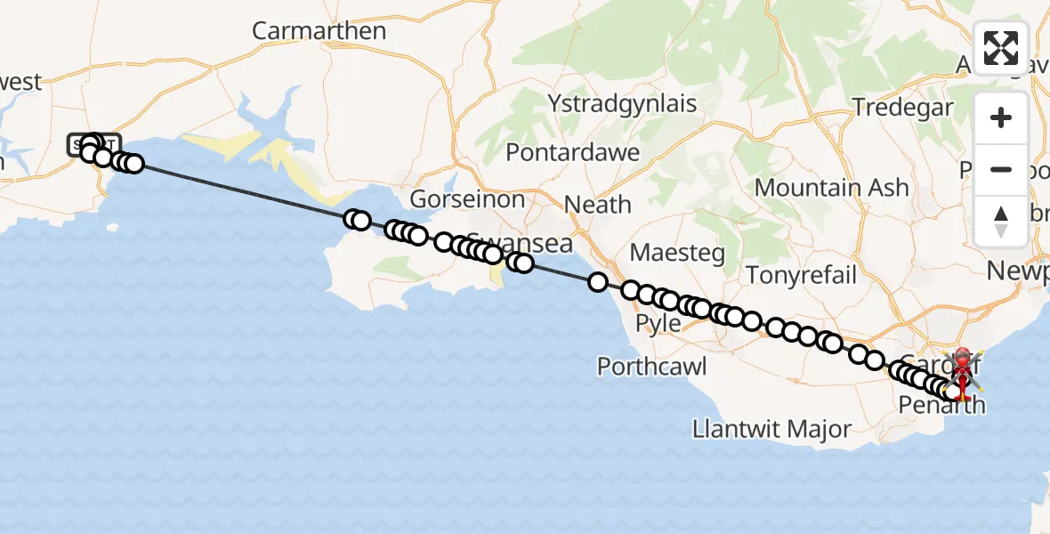 Flight route Air Ambulance Helicopter Begelly - Cardiff Heliport, 06 August 2026, 23:30