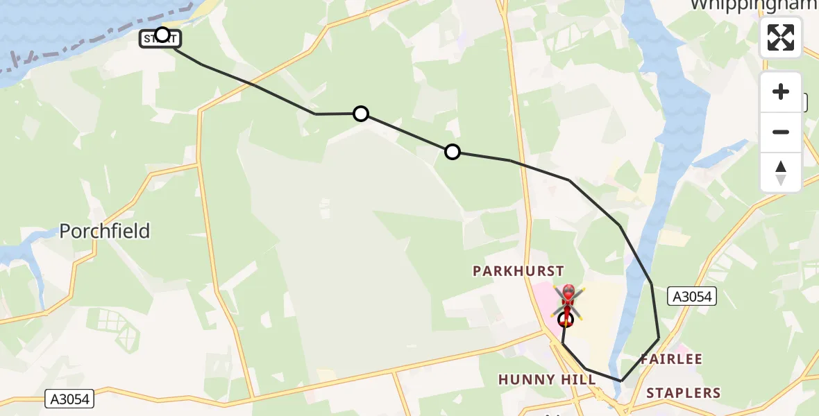 Flight route Air Ambulance Helicopter Newport - St Marys Hospital Isle Of Wight, 06 August 2026, 23:32