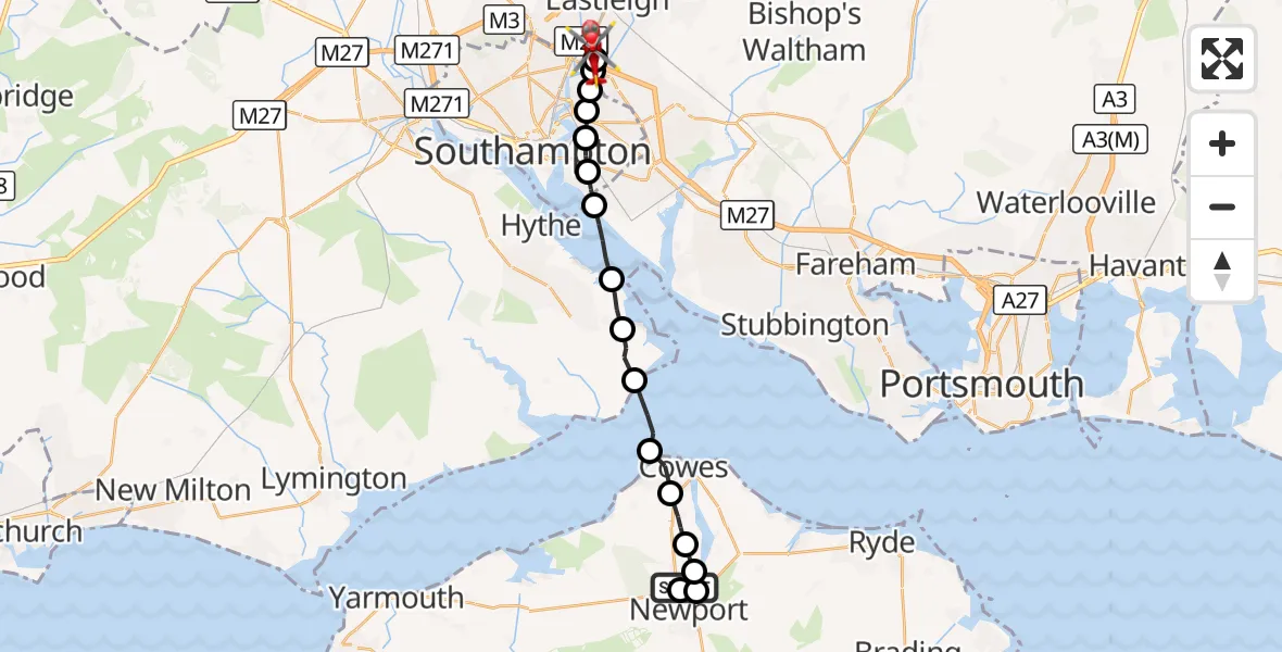 Flight route Air Ambulance Helicopter St Marys Hospital Isle Of Wight - Southampton Airport, 07 August 2026, 00:16