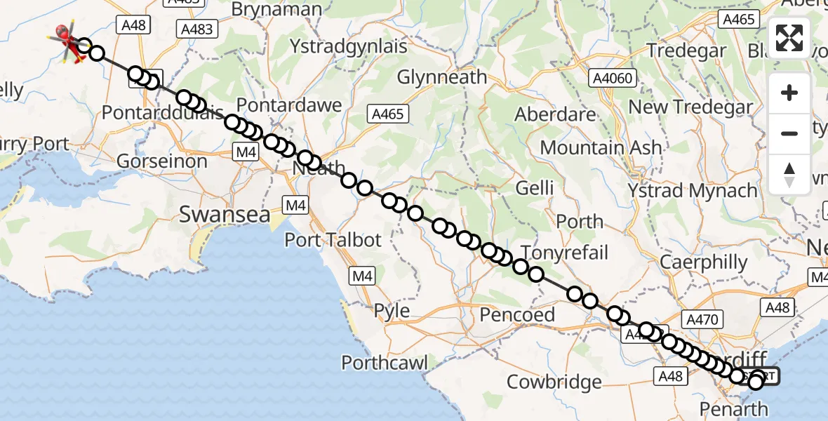 Flight route Air Ambulance Helicopter Cardiff Heliport - Pontyberem, 07 August 2026, 00:28