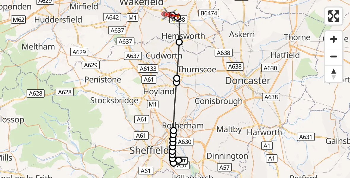 Flight route Air Ambulance Helicopter Woodhouse - YAA Nostell Helicopter Port, 07 August 2026, 00:33