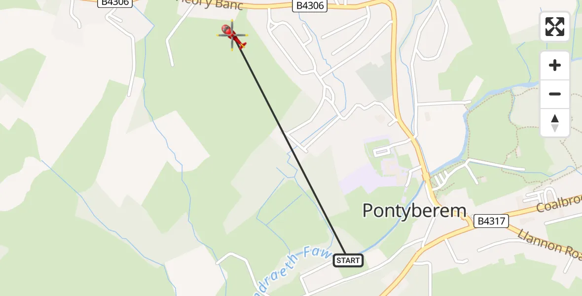Flight route Air Ambulance Helicopter Pontyberem - Pontyberem, 07 August 2026, 00:57