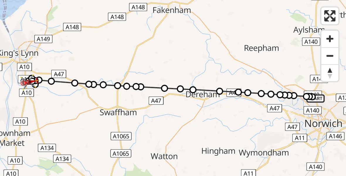 Flight route Air Ambulance Helicopter Norwich Airport - King's Lynn and West Norfolk, 07 August 2026, 02:43