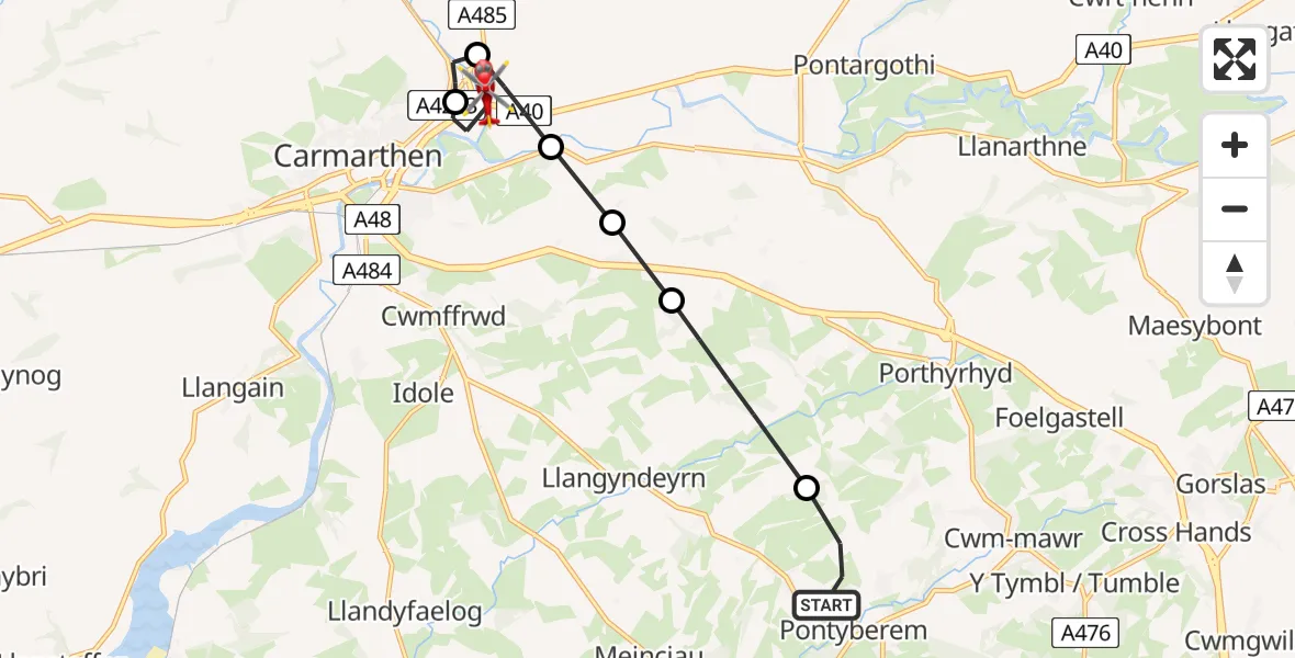 Flight route Air Ambulance Helicopter Pontyberem - Abergwili, 07 August 2026, 03:19