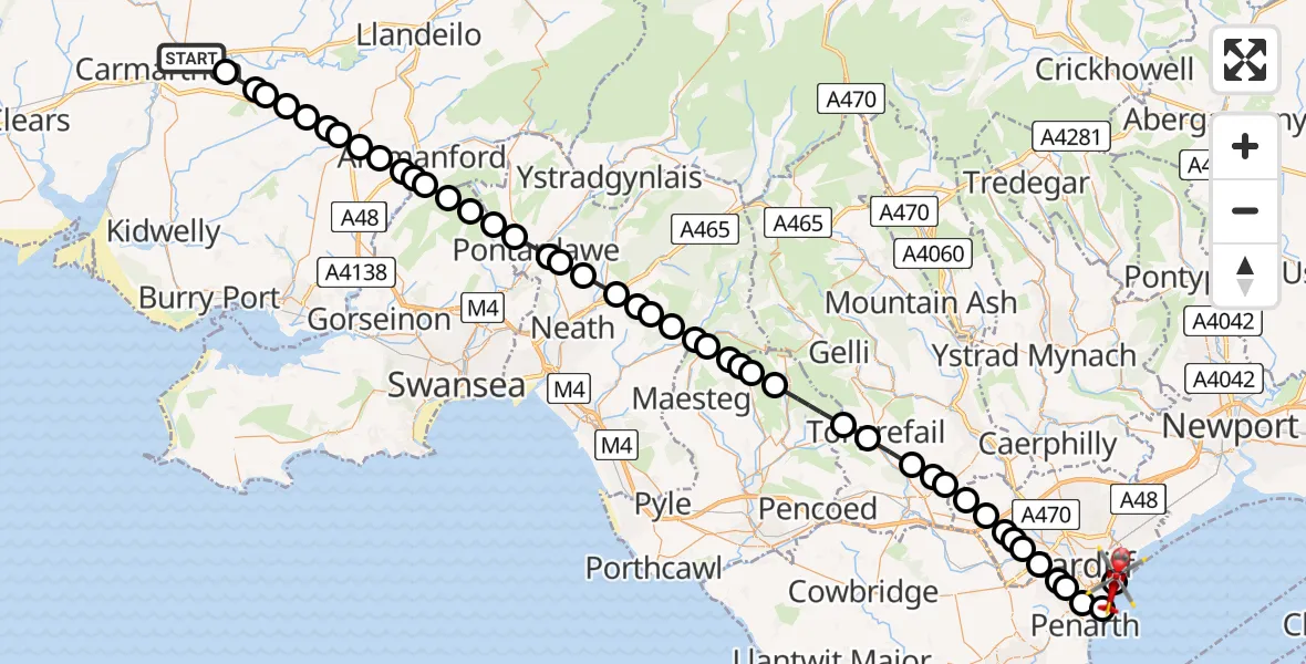 Flight route Air Ambulance Helicopter Abergwili - Cardiff Heliport, 07 August 2026, 04:21
