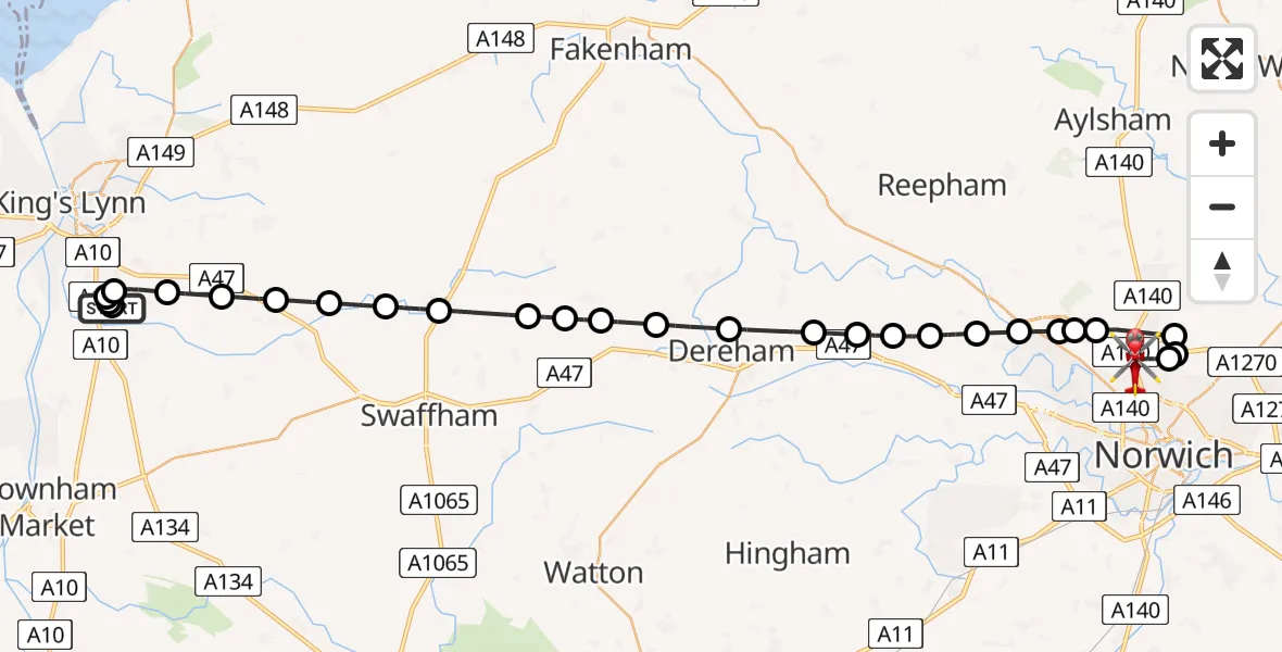 Flight route Air Ambulance Helicopter North Runcton - Norwich Airport, 07 August 2026, 04:28