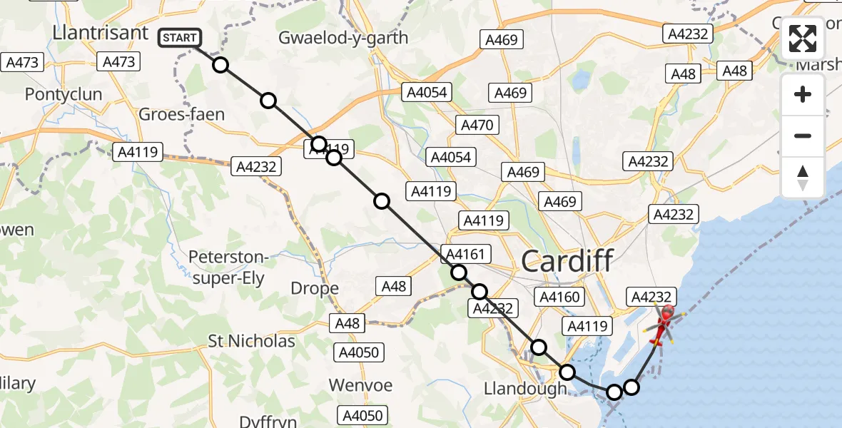 Flight route Air Ambulance Helicopter Beddau - Cardiff Heliport, 07 August 2026, 04:51