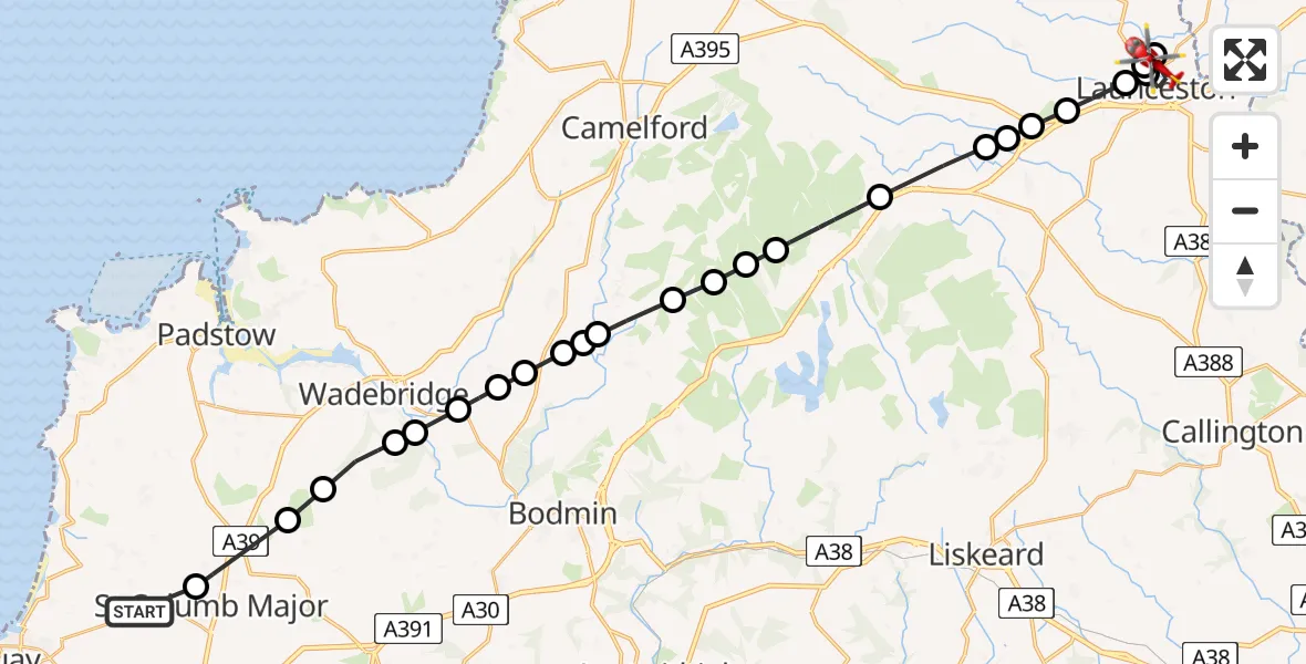Flight route Air Ambulance Helicopter Cornwall Airport Newquay - Launceston, 07 August 2026, 06:18