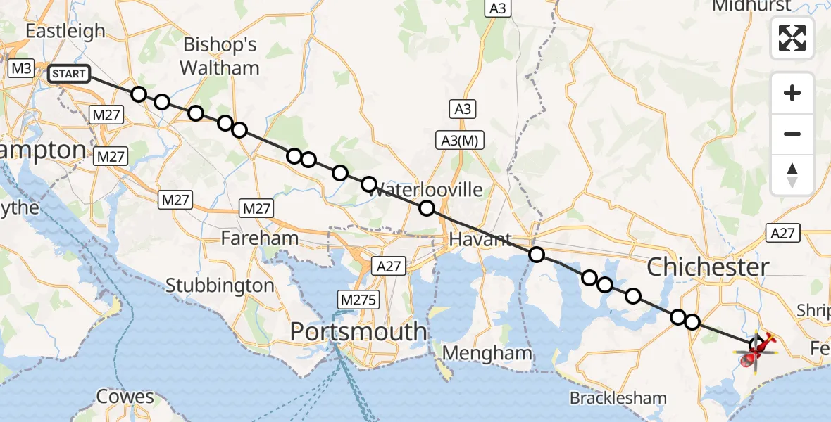 Flight route Air Ambulance Helicopter Eastleigh - Pagham, 07 August 2026, 06:35