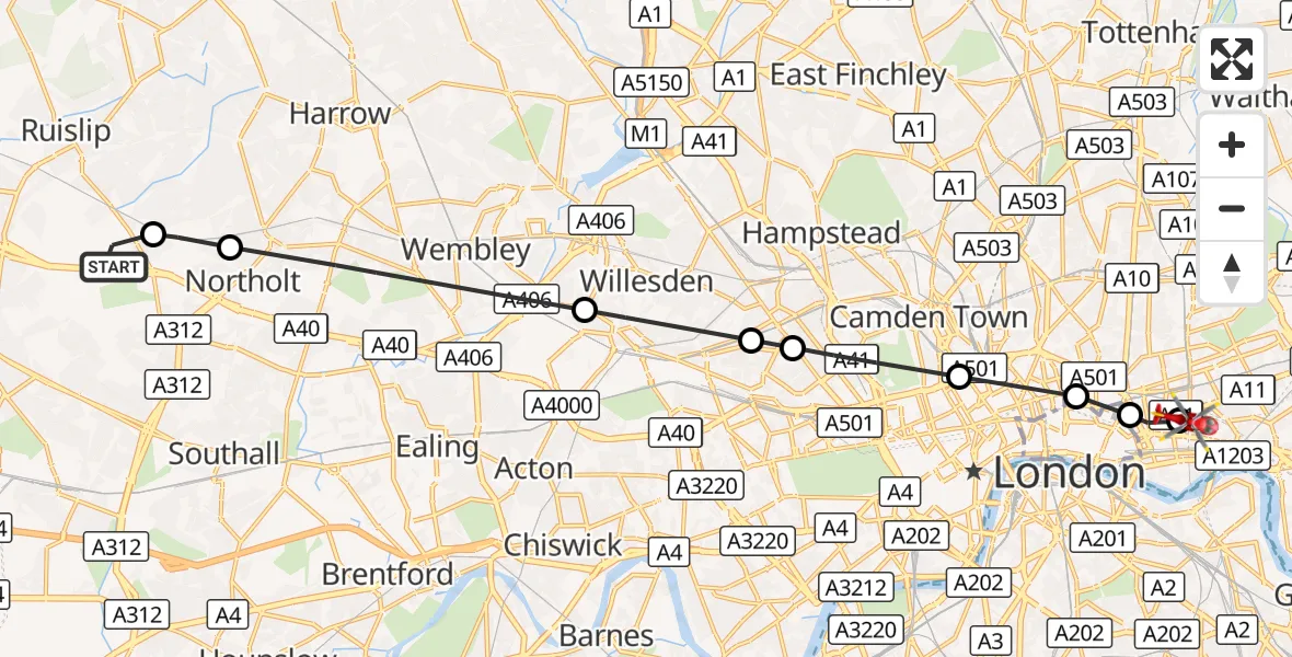 Flight route Air Ambulance Helicopter RAF Northolt - Royal London Hospital, 07 August 2026, 06:43