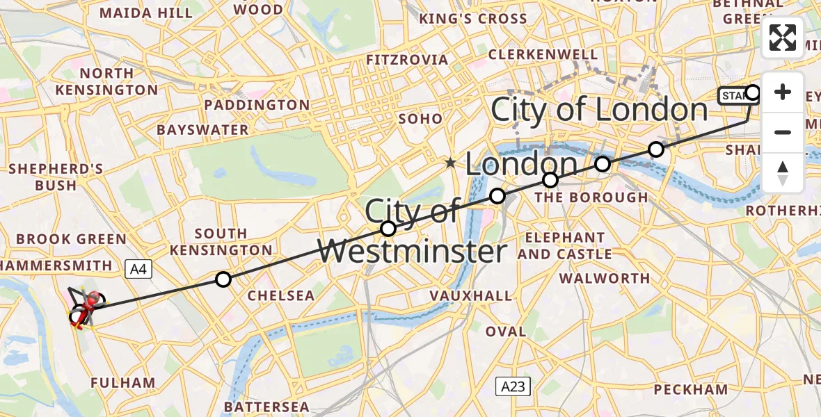 Flight route Air Ambulance Helicopter Royal London Hospital - West Kensington, 07 August 2026, 07:03