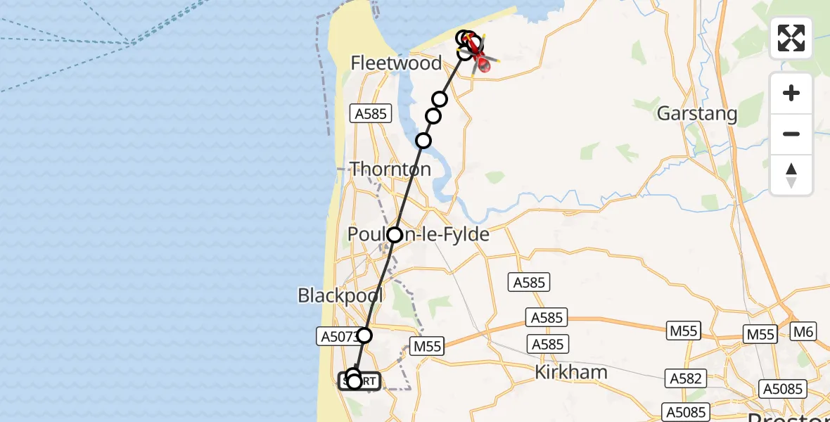 Flight route Air Ambulance Helicopter Blackpool Airport - Wyre, 07 August 2026, 07:12