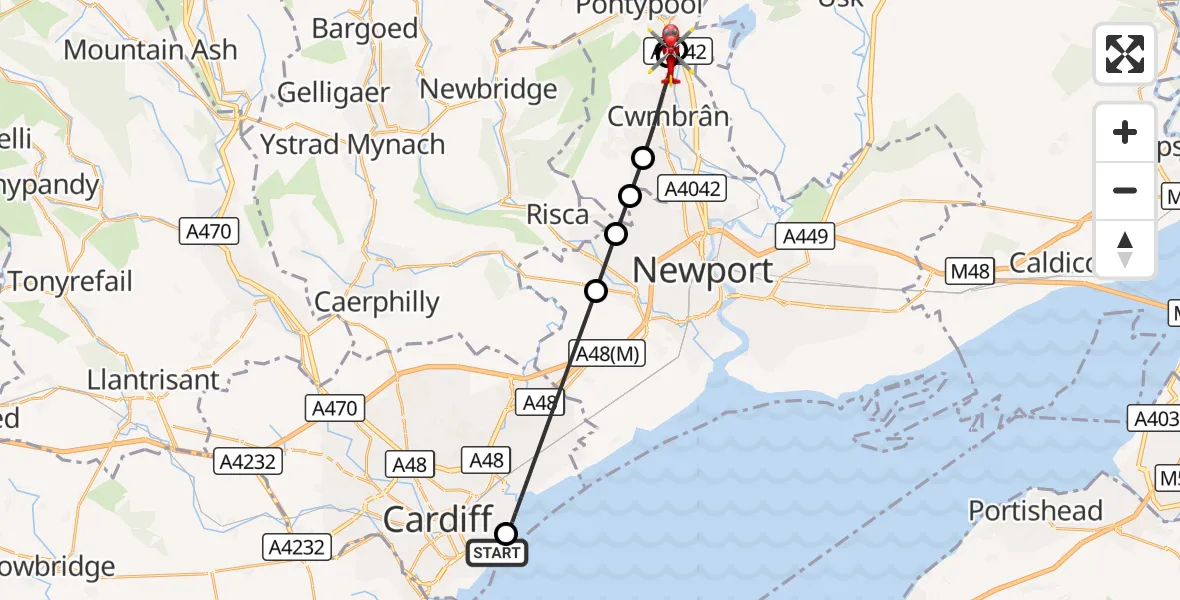 Flight route Air Ambulance Helicopter Cardiff Heliport - Cwmbrân, 07 August 2026, 07:28