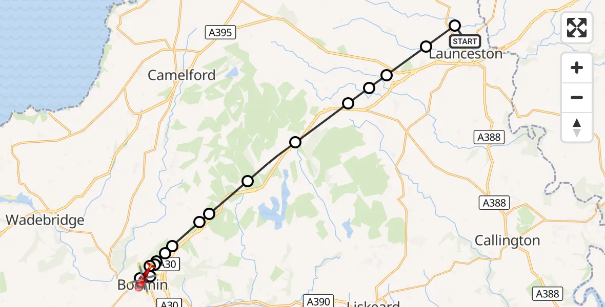 Flight route Air Ambulance Helicopter Launceston - Helland, 07 August 2026, 07:32