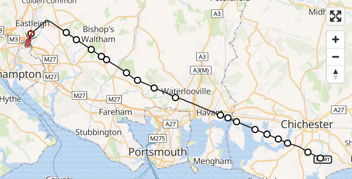 Flight route Air Ambulance Helicopter Chichester - Southampton Airport, 07 August 2026, 07:33