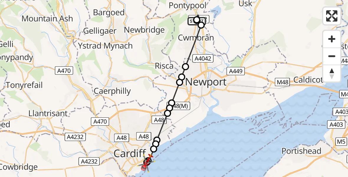 Flight route Air Ambulance Helicopter Pontypool - Cardiff Heliport, 07 August 2026, 07:50