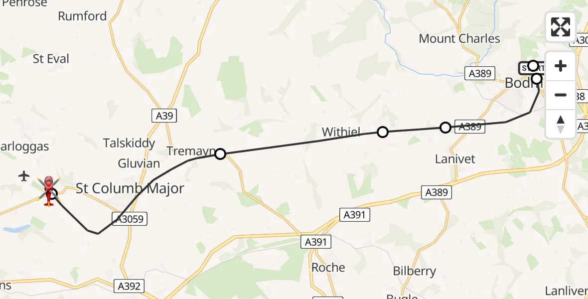 Flight route Air Ambulance Helicopter Bodmin - Cornwall Airport Newquay, 07 August 2026, 08:17