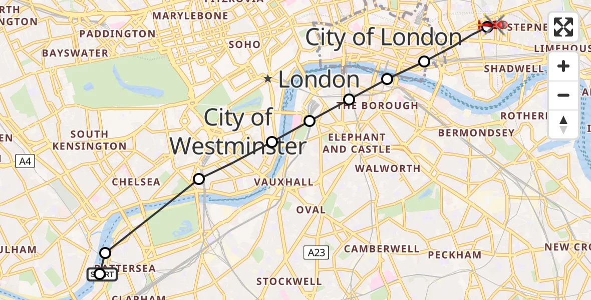 Flight route Air Ambulance Helicopter London Heliport - Royal London Hospital, 07 August 2026, 08:20
