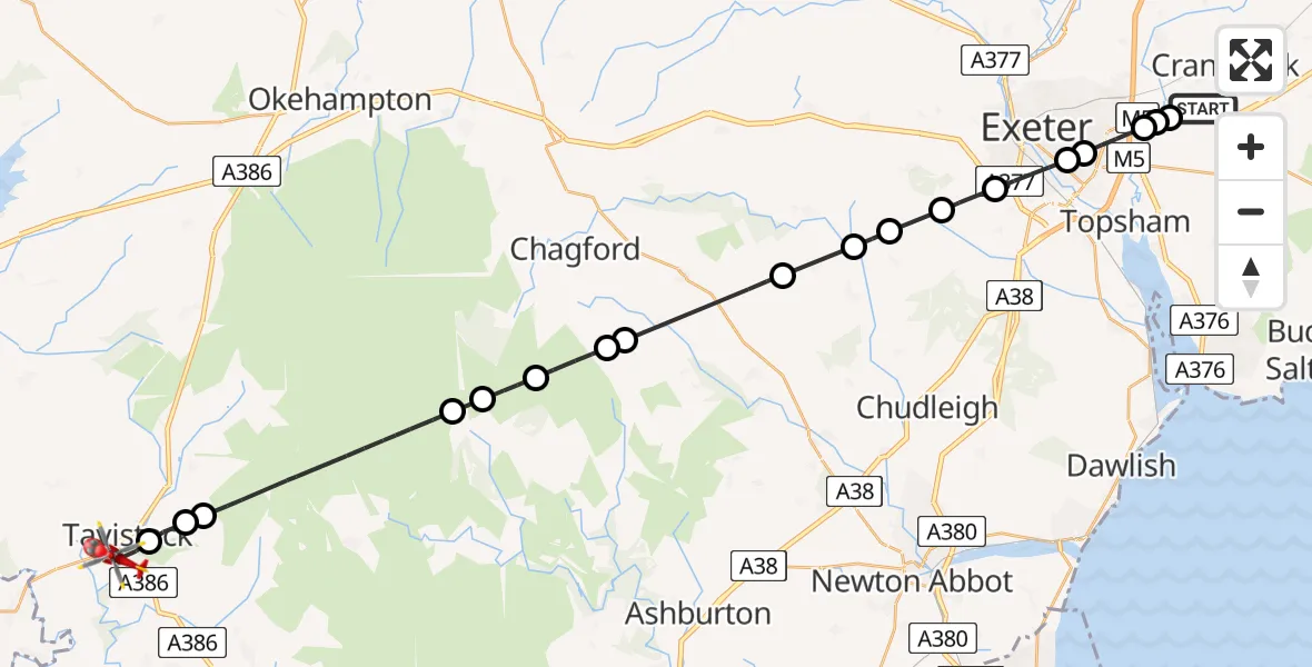 Flight route Air Ambulance Helicopter Exeter International Airport - Tavistock, 07 August 2026, 08:21