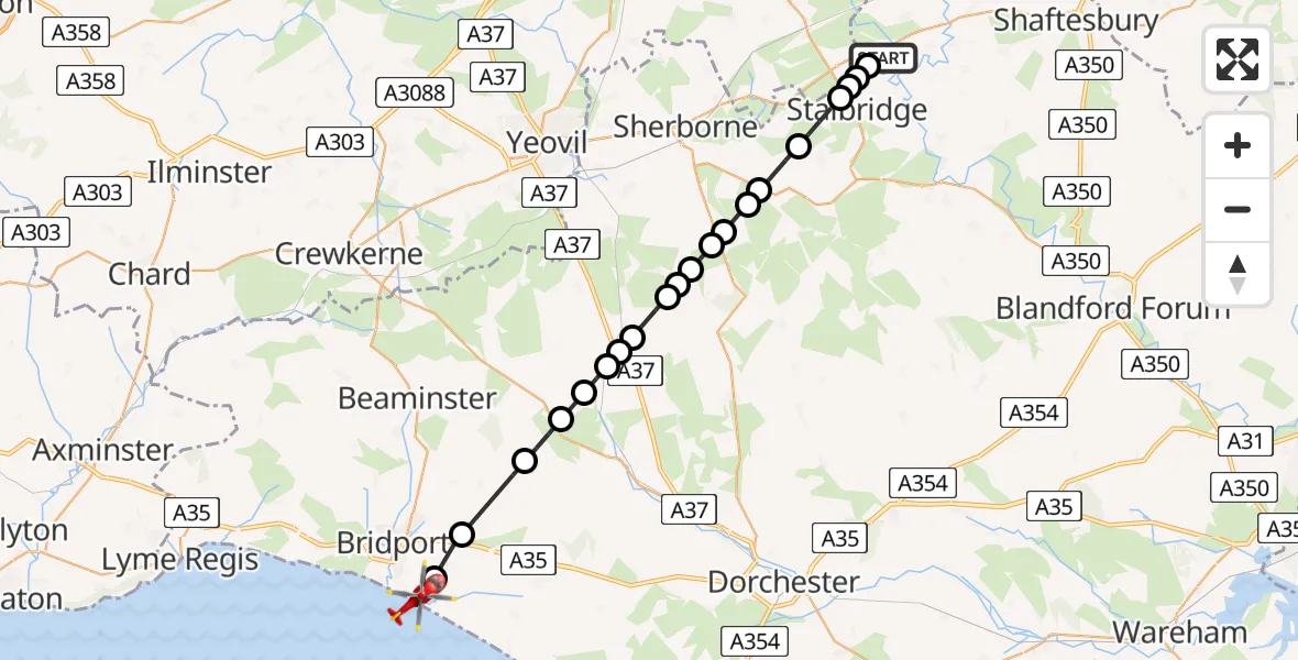 Flight route Air Ambulance Helicopter Henstridge Airfield - Burton Bradstock, 07 August 2026, 08:30