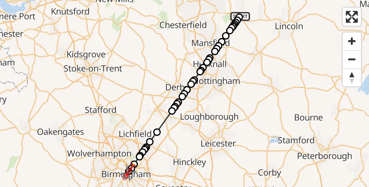 Flight route Air Ambulance Helicopter Retford Gamston Airport - Saltley, 07 August 2026, 08:33