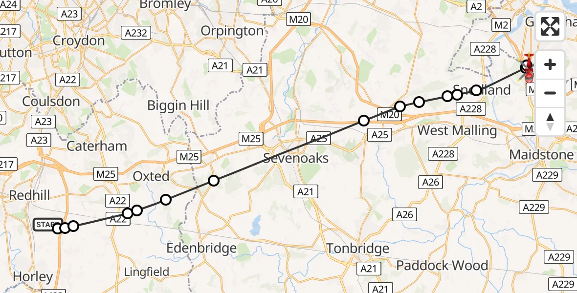 Flight route Air Ambulance Helicopter Redhill Aerodrome - Rochester Airport, 07 August 2026, 08:41