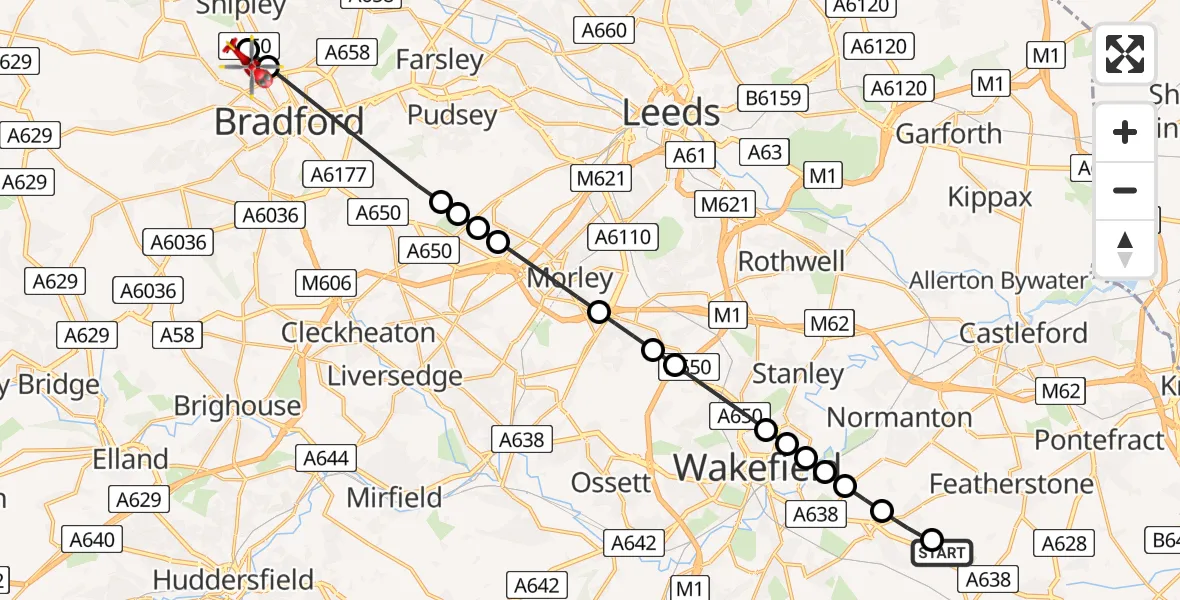 Flight route Air Ambulance Helicopter YAA Nostell Helicopter Port - Wrose, 07 August 2026, 08:47