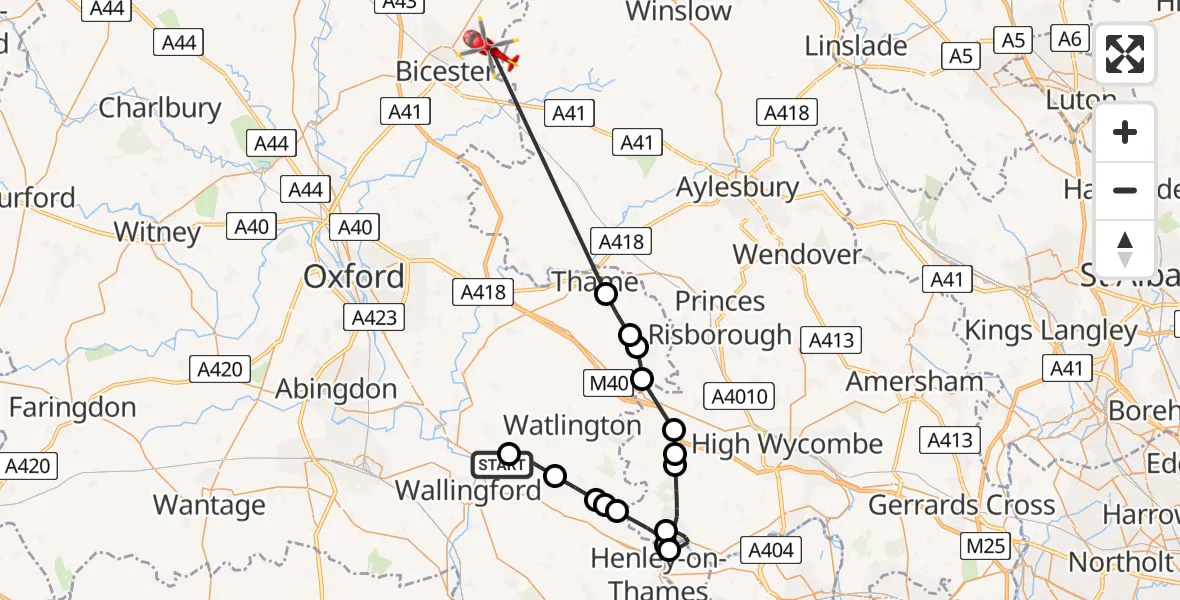 Flight route Air Ambulance Helicopter RAF Benson - Field Farm Helistrip, 07 August 2026, 08:50