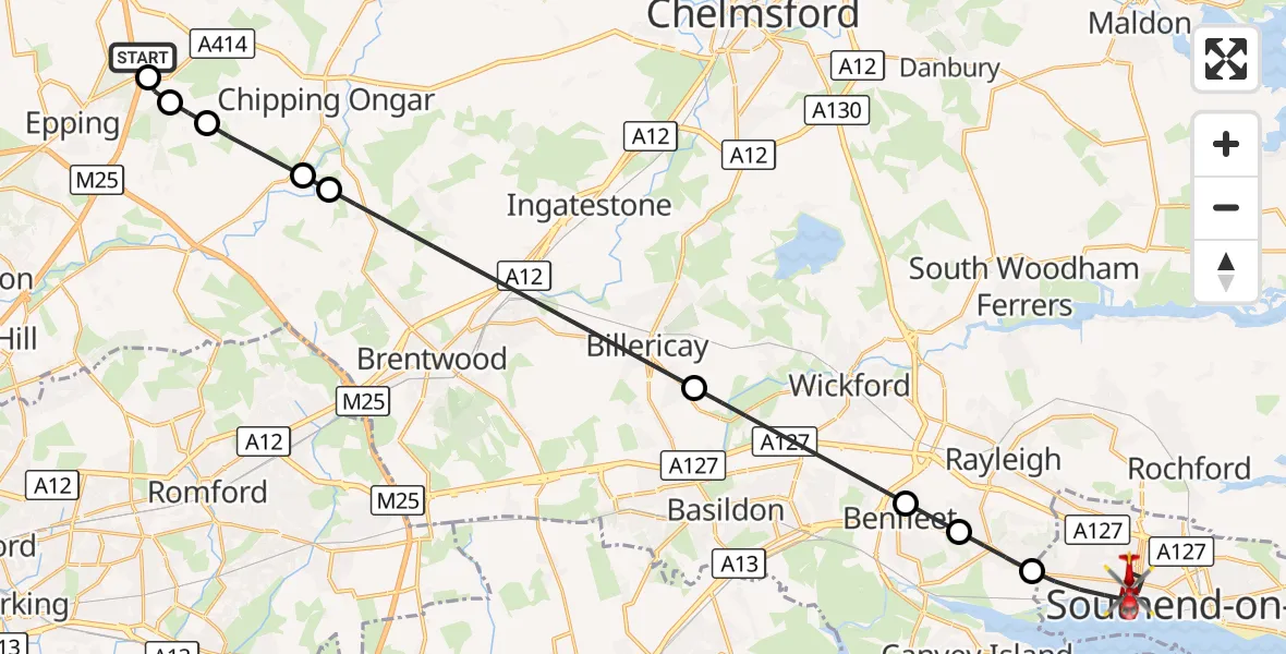 Flight route Air Ambulance Helicopter North Weald Airfield - Leigh on Sea, 07 August 2026, 08:55