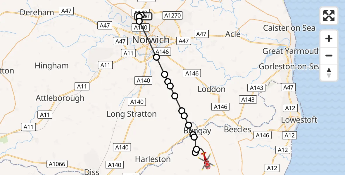 Flight route Air Ambulance Helicopter Norwich Airport - St Michael, South Elmham, 07 August 2026, 08:58