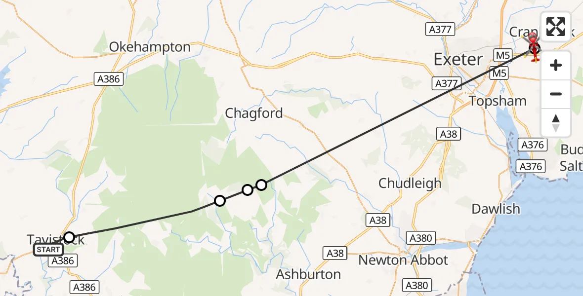 Flight route Air Ambulance Helicopter Tavistock - Exeter International Airport, 07 August 2026, 09:10