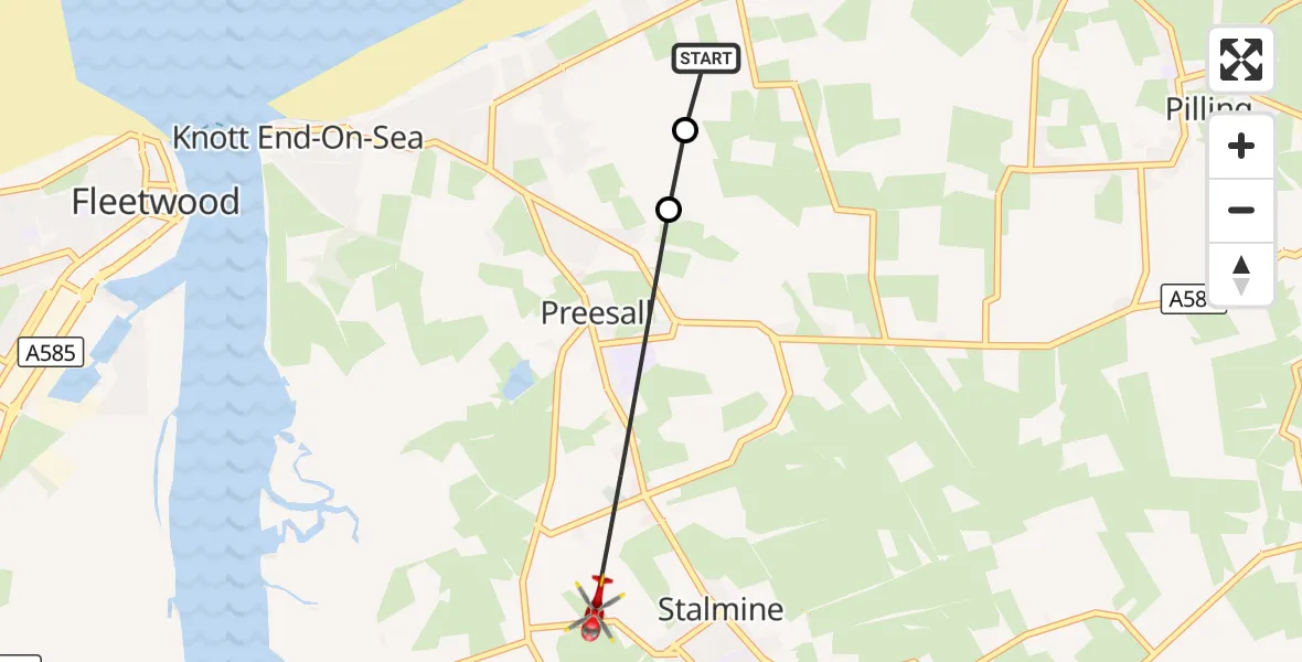 Flight route Air Ambulance Helicopter Preesall - Stalmine, 07 August 2026, 09:16