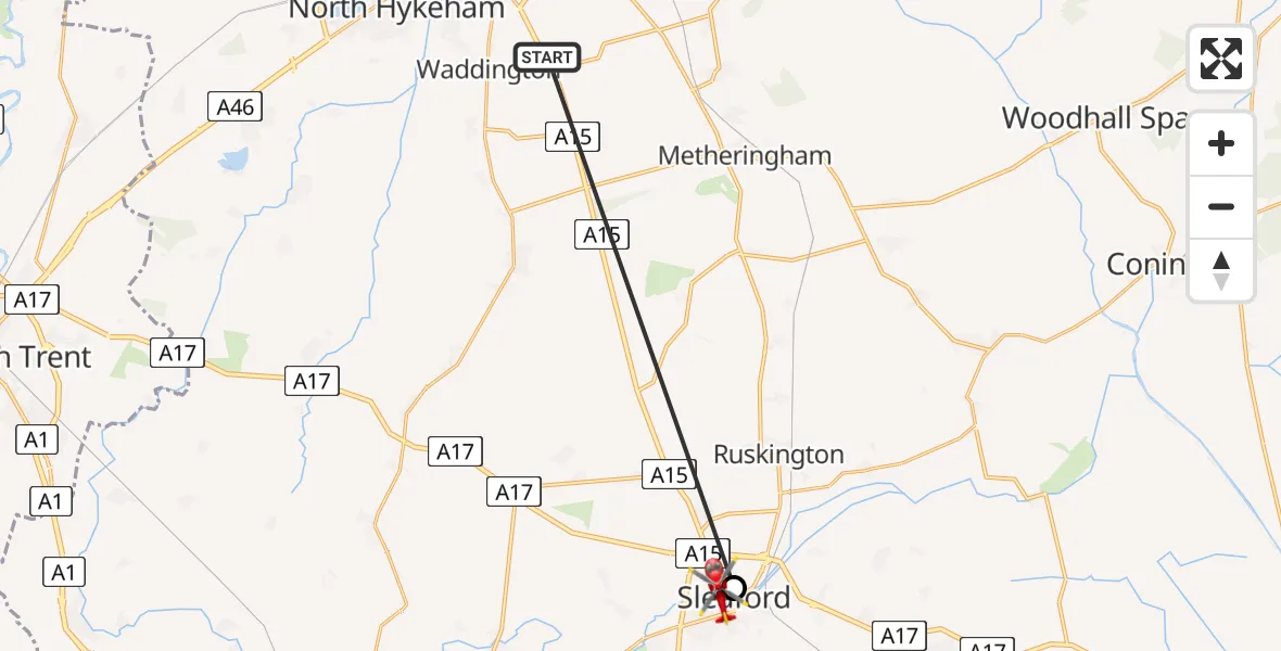 Flight route Air Ambulance Helicopter RAF Waddington - Sleaford, 07 August 2026, 09:19